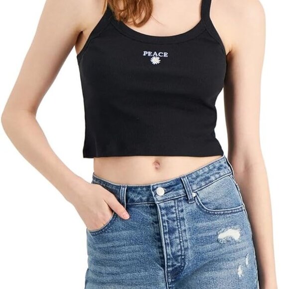 “Peace” Black Strappy Daisy Cropped Embroidered Tank Top - Picture 2 of 5